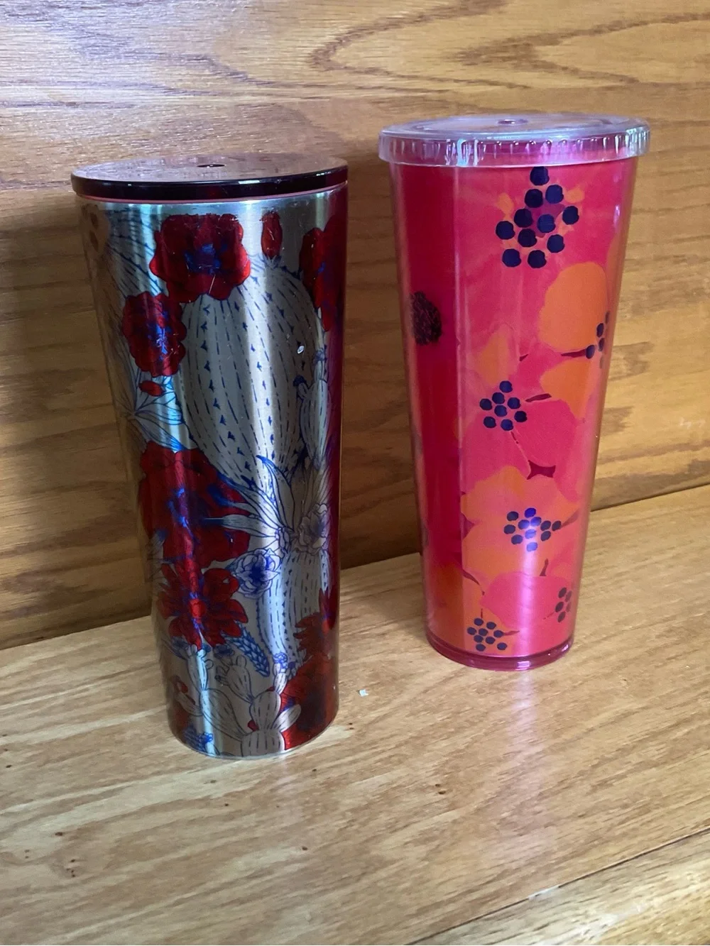 Starbucks Set 2 Venti Tumblers Cactus Floral Metal + Poppy  Reusable Cup 24 oz